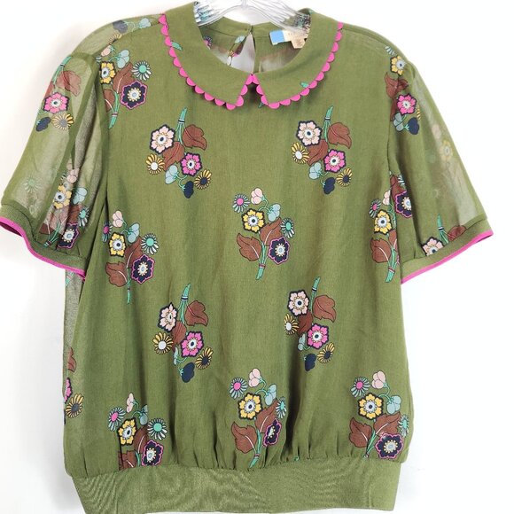 Ted Baker Floral Semisheer Blouse Size 4 Olive Green Peter Pan Collar Careerwear - Picture 1 of 8